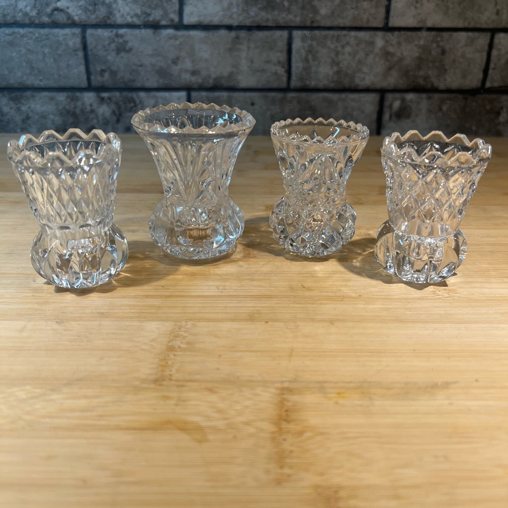 Lot of Four Small Crystal Vases or Toothpick Holders 2.5”- 3” Various Designs